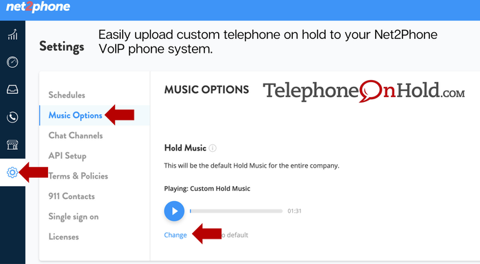 How to upload custom telephone on hold to your Net2Phone VoIP phone system.